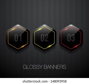Set of glossy plastic banners with shiny neon lights for business design, infographics, reports, number options, step presentation or workflow layout. Clean and modern style