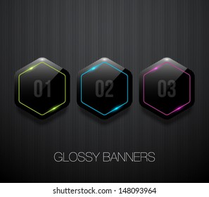 Set of glossy plastic banners with shiny neon lights for business design, infographics, reports, number options, step presentation or workflow layout. Clean and modern style