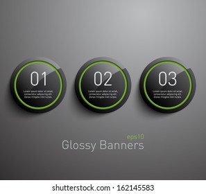 Set of glossy plastic banners with shiny neon lights for business design, infographics, reports, number options, step presentation, websites or workflow layout. Clean and modern style 
