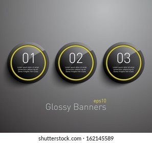 Set of glossy plastic banners with shiny neon lights for business design, infographics, reports, number options, step presentation, websites or workflow layout. Clean and modern style 