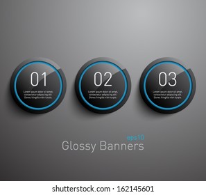 Set of glossy plastic banners with shiny neon lights for business design, infographics, reports, number options, step presentation, websites or workflow layout. Clean and modern style 