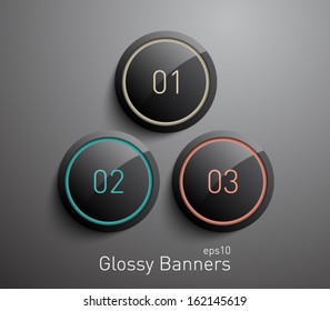 Set of glossy plastic banners with shiny neon lights for business design, infographics, reports, number options, step presentation, websites or workflow layout. Clean and modern style 