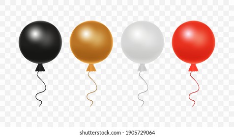 Conjunto de globos de colores brillantes y realistas, aislados en un fondo transparente. Globos de helio coloridos y realistas para cumpleaños, fiestas, fiestas, bodas: Color negro, marrón, gris, rojo.