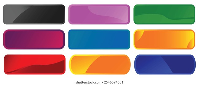 Conjunto de sinal de botões retângulo brilhante para web, clique em 3d ícones de botão. Emblem Badge, ilustração do botão Jogo. Coleção de botões de interface do usuário da Web vazia de vetor.