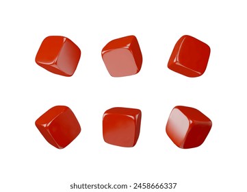 Conjunto de cubos rojos brillantes con esquinas suaves que caen, vista desde diferentes ángulos Vector 3D. Diseño de Juegos, juguete cúbico, ladrillo cuadrado. Bloque cuadrilateral isométrico de plástico de volumen 3D realista