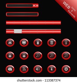 set of glossy red web buttons, icons and menu elements. template for website design