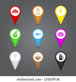 Set glossy round 3D map pin with food sign. Vector illustration