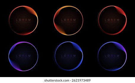 Set of glossy round backgrounds with smooth gradient curves in red, blue tones. For modern UI design, visual branding elements and abstract digital mockups.
