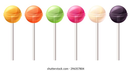 Set of glossy round colorful sweet lollipop candies. Sweet hard candies on stick.