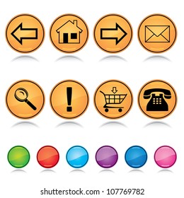 Set of glossy round colorful web navigation icons with reflection over white background