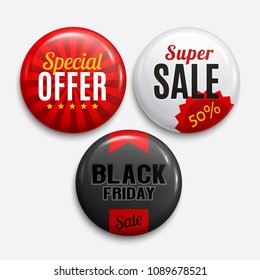 Set of glossy sale badges. Product promotions. Discount buttons collection. Black friday, special offer, super sale. Vector.