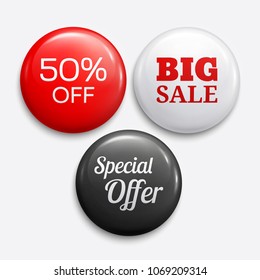 Set of glossy sale buttons or badges. Product promotions. Discount tag collection. Big sale, 50% off, special offer. Vector.