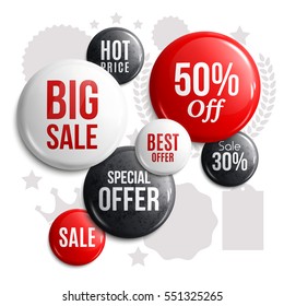 Set Of Glossy Sale Buttons Or Badges. Product Promotions. Big Sale, Special Offer, Hot Price. Vector.