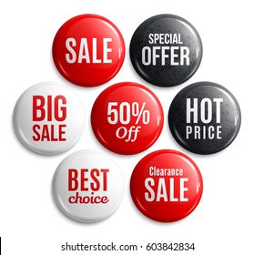 Set of glossy sale buttons or badges. Product promotions. Big sale, special offer, hot price, best choice, 50 percent off. Vector.