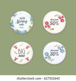 Set of glossy sale buttons or badges. Product promotions. Big sale, special offer, 50 off. Spring tag design, voucher template. Big set. Floral frame for text, isolated on white background