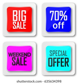Set of glossy sale buttons or badges. Product promotions. Vector illustration.