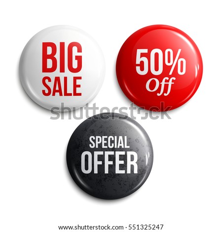 Set of glossy sale buttons or badges. Product promotions. Big sale, special offer, 50% off. Vector.