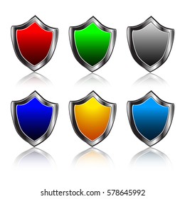 Set of Glossy Shield Emblems. 3D Security Vector Icons isolated on White Background