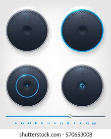 Set of glossy shiny button and icons on theme of audio, video etc. Vector illustration.