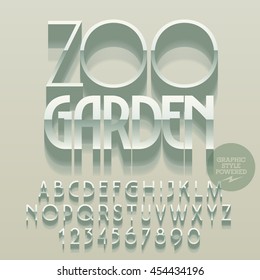 Conjunto de letras del alfabeto plateado brillante, números y símbolos de puntuación. Emblema reflectante vectorial con texto Jardín zoológico. El archivo contiene estilos gráficos