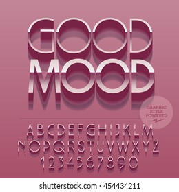 Conjunto de letras del alfabeto plateado brillante, números y símbolos de puntuación. Tarjeta rosa reflectante vectora con texto Buen humor. El archivo contiene estilos gráficos