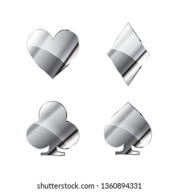 Set of glossy silver card suits icons like hearts, diamond, spades and clubs on white