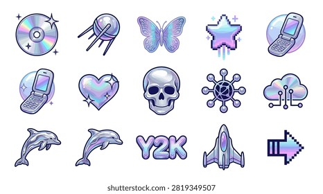 Set of glossy silver icons including a skull, flip phone, and dolphins in a cyber aesthetic. High-quality holographic metallic vector art for Y2K designs.