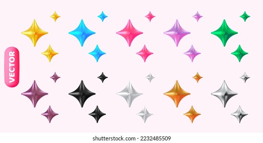 Set of glossy sparkle stars. Collection of realistic stars in different colors, matte and glossy shades. Festive colorful decorative 3d render object. Celebration decor. vector illustration