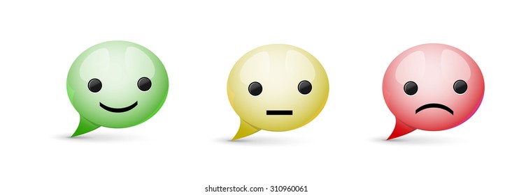 Set of  glossy speech bubble icon with different mood on white background, three colors of expression, vector