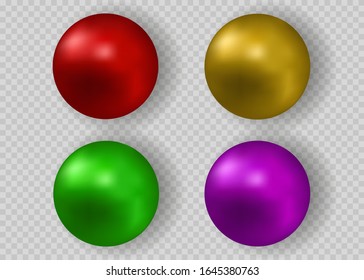 Set of glossy sphere isolated on white background. Red, gold, green, purple beads.