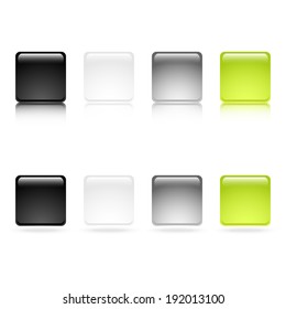 Set of glossy square buttons with shadows and reflections.