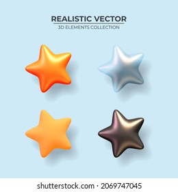 Set of glossy stars. Collection of realistic stars in different colors, matte and glossy shades. Festive colorful decorative 3d render object. Celebration decor. vector illustration