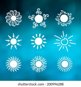 Set of glossy sun images on blue background. Vector illustration