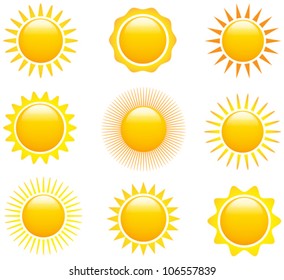 Set of glossy sun images. Vector illustration