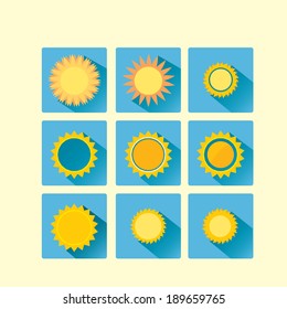 Set of glossy sun images. Vector illustration