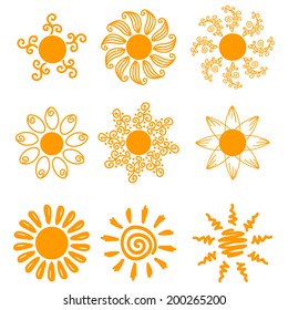 Set of glossy sun images. Vector illustration