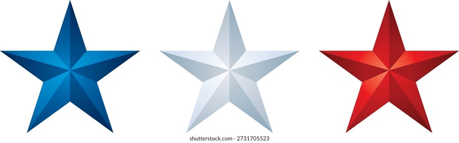 Un conjunto de estrellas brillantes tridimensionales de cinco puntas en rojo, blanco y azul. Con un acabado metálico y moderno, estas estrellas se utilizan comúnmente en diseños patrióticos para las fiestas de Estados Unidos, como el Día de la Independencia, el Día de los Caídos y el Día de los Veteranos. Ideal para Diseño gráfico, decoraciones y Materiales promocionales.