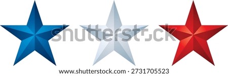 A set of glossy, three-dimensional five-pointed stars in red, white, and blue. Featuring a metallic, modern finish, these stars are commonly used in patriotic designs for U.S. holidays such as Independence Day, Memorial Day, and Veterans Day. Ideal for graphic design, decorations, and promotional materials.