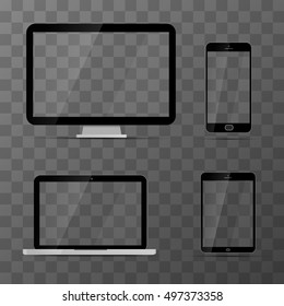 Set of glossy transparent mockups of monitor, laptop, black tablet and smartphone