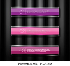 Set of glossy vector banners with shiny lights over black pattern background for business design, infographics, reports, number options, step presentation or workflow layout. Clean and modern style