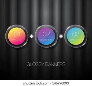 Set of glossy vector banners with shiny lights over black pattern background for business design, infographics, reports, number options, step presentation or workflow layout. Clean and modern style