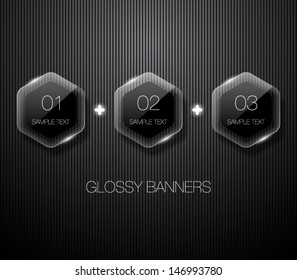 Set of glossy vector banners with shiny lights over black pattern background for business design, infographics, reports, number options, step presentation or workflow layout. Clean and modern style