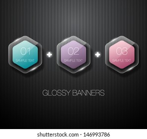 Set of glossy vector banners with shiny lights over black pattern background for business design, infographics, reports, number options, step presentation or workflow layout. Clean and modern style