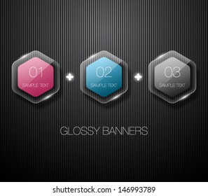 Set of glossy vector banners with shiny lights over black pattern background for business design, infographics, reports, number options, step presentation or workflow layout. Clean and modern style