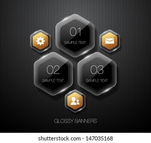 Set of glossy vector banners with shiny lights over black pattern background for business design, infographics, reports, number options, step presentation or workflow layout. Clean and modern style
