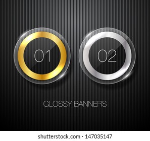 Set of glossy vector banners with silver and golden frames over black pattern background for business design, infographics, reports, number options, step presentation or workflow layout. Modern style