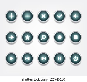 Set of glossy vector icons / buttons with shiny metallic ring for websites (UI) or smartphones or tablets applications (app)