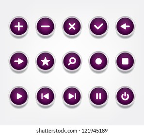 Set of glossy vector icons / buttons with shiny metallic ring for websites (UI) or smartphones or tablets applications (app)