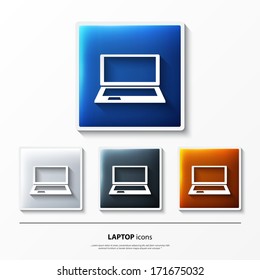 Set of glossy vector icons on button with laptop.