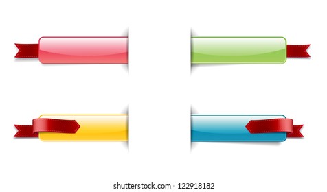 A set of glossy vector promo banners decorated with red ribbon tags